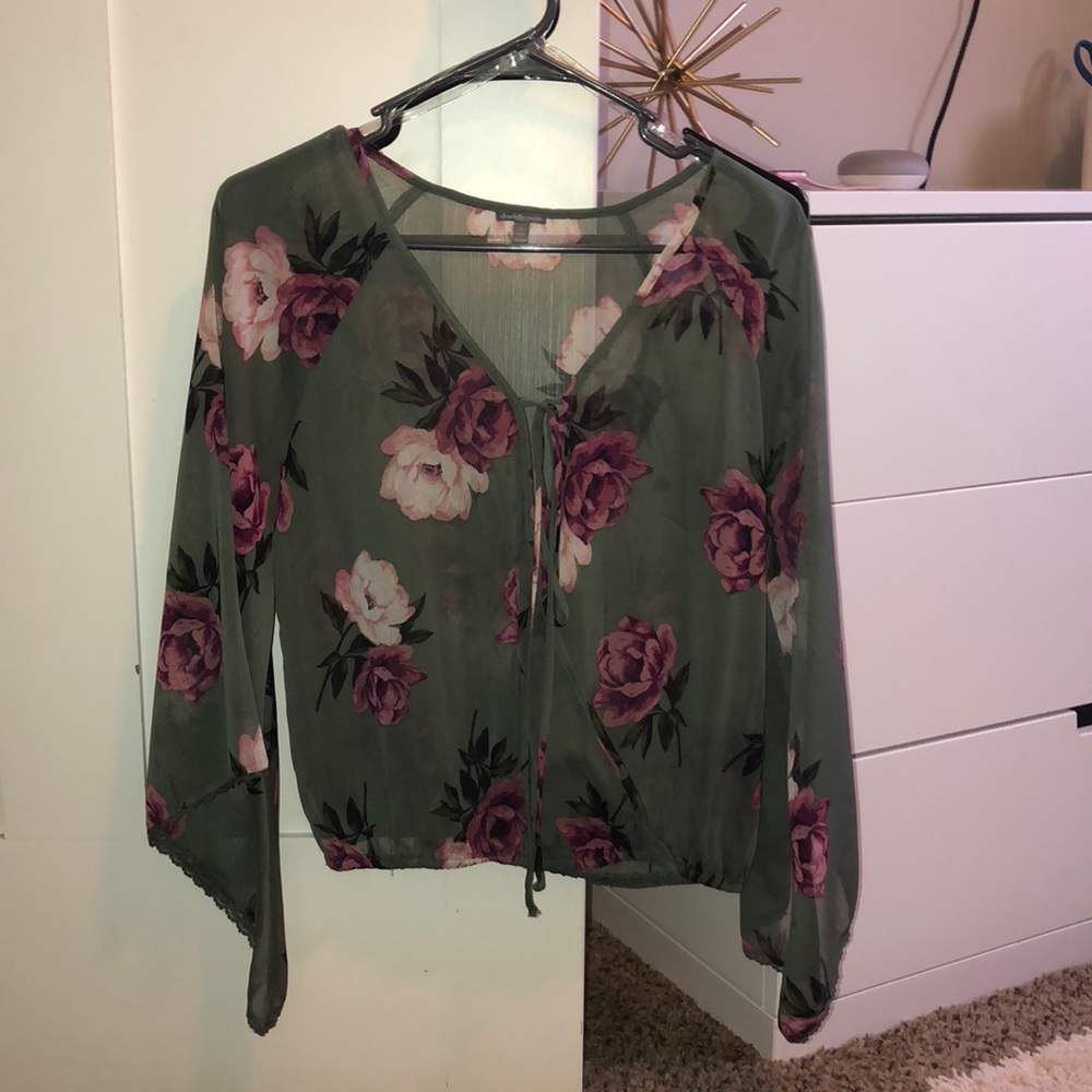Army green floral top